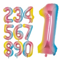 Pastelkleurige regenboog cijferballon van 1 m - 1 stuk