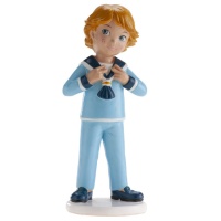 Beeldje voor taart van Mijn Eerste Communie, blonde jongen in blauw pak van 16 cm