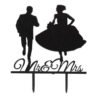 Acrylische taarttopper van Mr and Mrs op de vlucht - Pastkolor