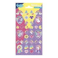 Regenboog glanzende eenhoorn stickers - 1 vel
