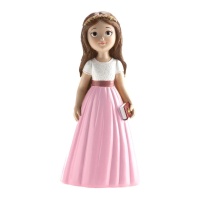Taartfiguur voor Mijn Eerste Communie meisje met roze rok van 16 cm