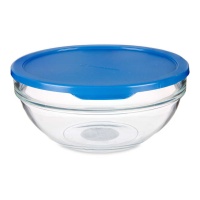 Ronde glazen Tupper van 1,135 L met blauwe deksel
