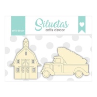 Stalhuisje en bestelwagen chipboard - Artis decor - 2 stuks