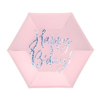 Zeshoekige borden van 17 cm in oudroze met 'Happy Birthday' - 6 stuks