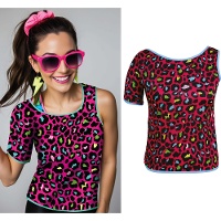 Dames T-shirt met jaren 80 neon luipaardprint