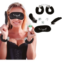 Erotische set met blinddoek, handboeien, veren en dobbelsteen