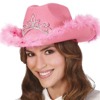 Roze cowgirlhoed met veren en zilveren kroon