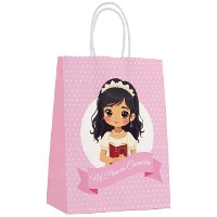 Roze communietasje met witte stippen - 21 x 15 x 8 cm