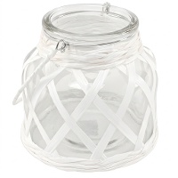 Glazen en raffia kandelaar met handvat van 12,6 x 12 cm - Dcasa - 1 stuk