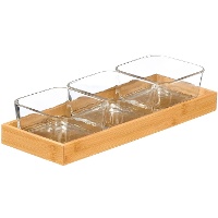Set bamboe dienblad met 3 glazen schaaltjes voor borrelhapjes