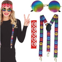 Hippie-set met bretels, bril en hoofdband